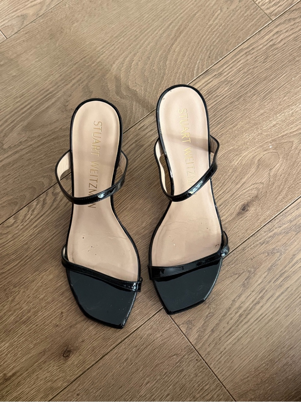 Stuart Weitzman Black Patent Open-Toe Slide Heels - Picture 2 of 3